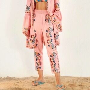 Farm Rio Richillieur Pink Embroidered Floral Linen Blend Pants XL